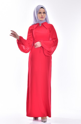 Broşlu Elbise 0023-01 Kırmızı