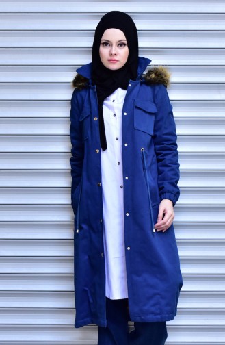 Furry Hooded Coat 7005-02 Navy Blue 7005-02