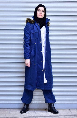 Furry Hooded Coat 7005-02 Navy Blue 7005-02