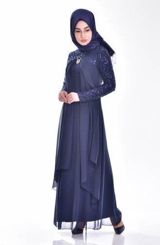 Chiffon Abendkleid mit Brosche 52651-03 Dunkelblau 52651-03