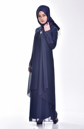 Chiffon Abendkleid mit Brosche 52651-03 Dunkelblau 52651-03