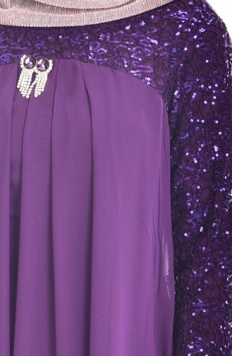 Brooch Detailed Chiffon Evening Dress 52651-05 Purple 52651-05