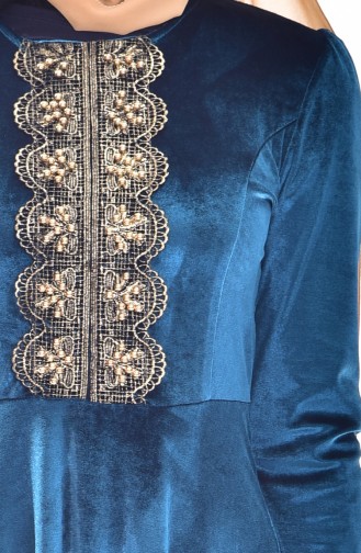 Boncuk Detaylı Kadife Elbise 1903-05 Petrol