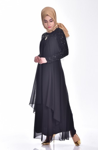 Broş Detaylı Şifon Abiye Elbise 52651-01 Siyah