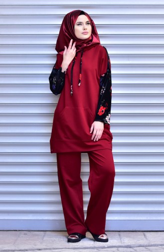 Kadife Detaylı Eşofman Takım 4249-04 Bordo