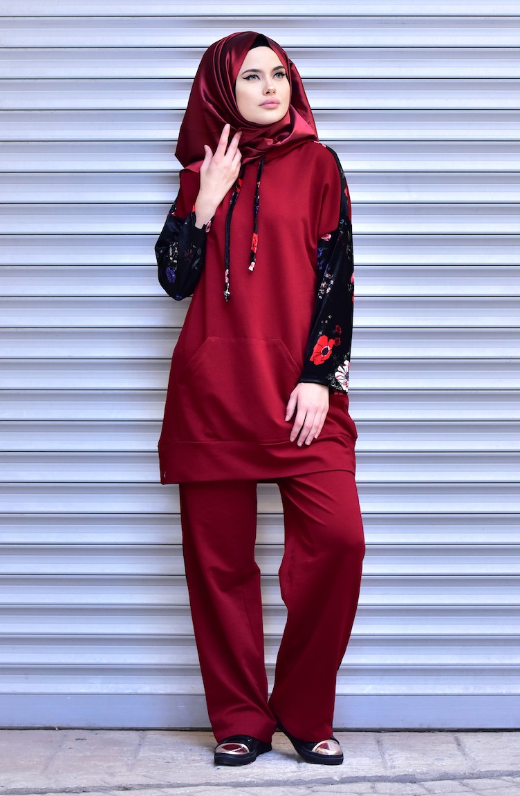 Kadife Detaylı Eşofman Takım 4249-04 Bordo