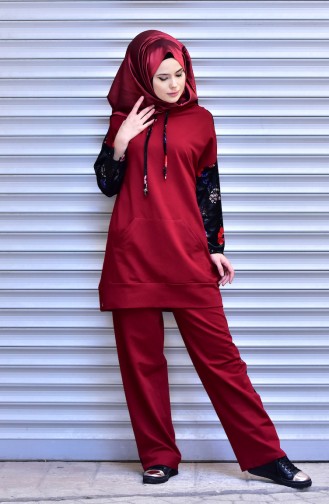 Kadife Detaylı Eşofman Takım 4249-04 Bordo