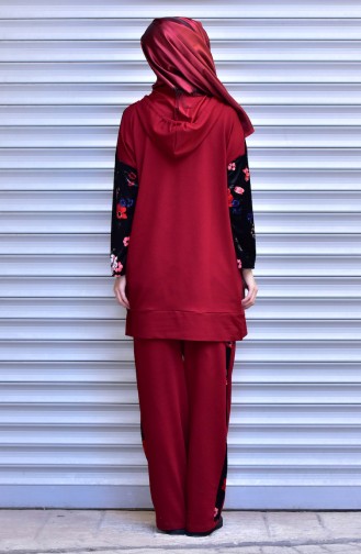 Kadife Detaylı Eşofman Takım 4249-04 Bordo