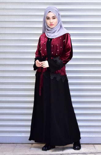 Abaya with Belt and Pearls 7710-04 Claret Red 7710-04