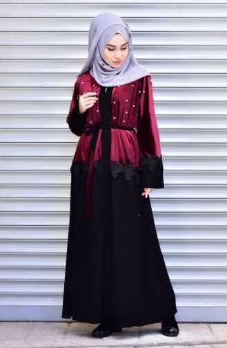 Abaya with Belt and Pearls 7710-04 Claret Red 7710-04