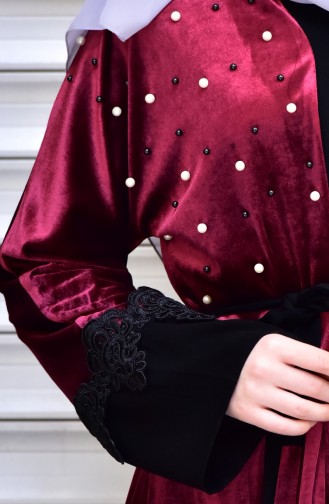 Abaya with Belt and Pearls 7710-04 Claret Red 7710-04