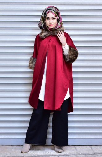 Furry Neck Suede Poncho 1848-05 Claret Red 1848-05