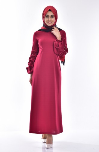 Pearl Balloon Sleeves Hijab Dress 3225-02 Claret Red 3225-02