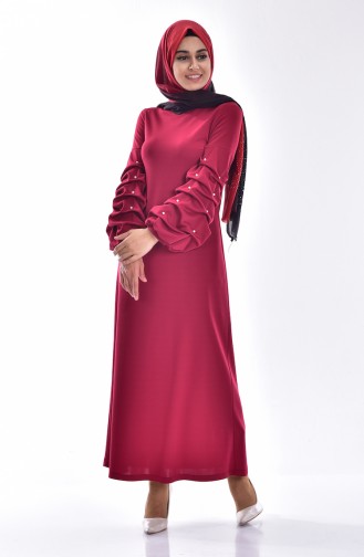 Pearl Balloon Sleeves Hijab Dress 3225-02 Claret Red 3225-02