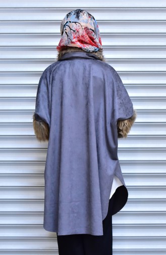 Furry Neck Suede Poncho 1848-03 Grey 1848-03