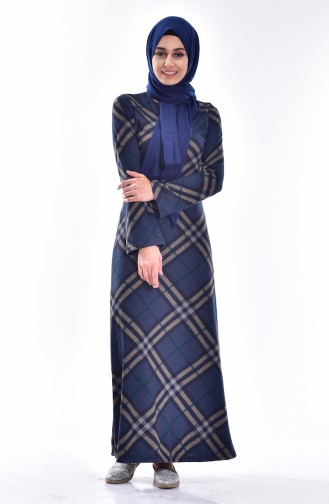 Checkered Decoration Dress 4065-01 Navy Blue 4065-01