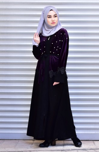 Abaya with Belt and Pearls 7710-02 Purple 7710-02