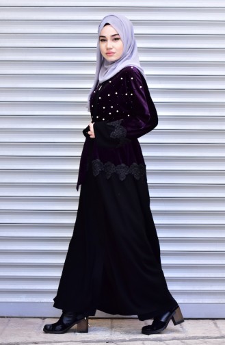 Abaya with Belt and Pearls 7710-02 Purple 7710-02