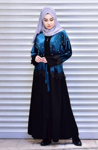 Abaya with Belt and Pearls 7710-03 Petrol 7710-03