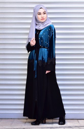 Abaya with Belt and Pearls 7710-03 Petrol 7710-03
