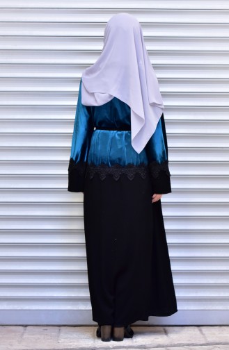 Abaya with Belt and Pearls 7710-03 Petrol 7710-03