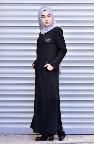 Abaya Détail Fermeture Cuir 2453-04 Noir 2453-04