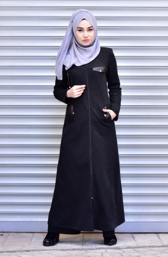 Abaya mit Leder Details 2453-04 Schwarz 2453-04