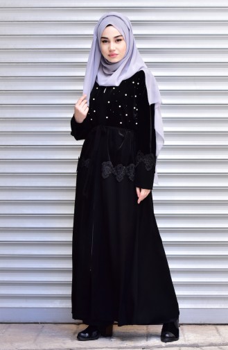 Abaya with Belt and Pearls 7710-05 Black 7710-05