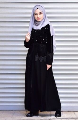 Abaya a Ceinture et Perles 7710-05 Noir 7710-05