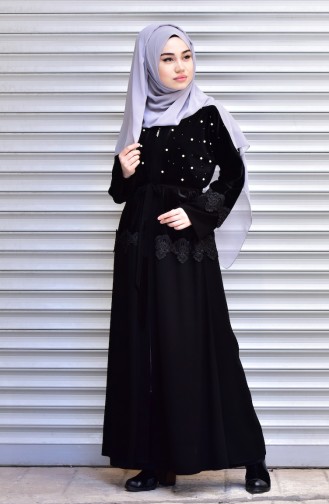 Abaya with Belt and Pearls 7710-05 Black 7710-05