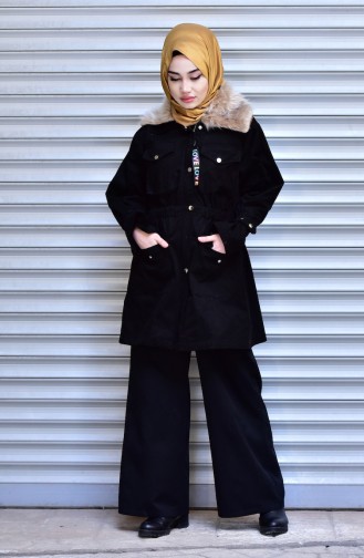 Furry Collar Coat with Zipper 4569-05 Black 4569-05