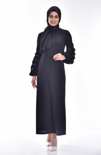 Pearl Balloon Sleeves Hijab Dress 3225-01 Black 3225-01