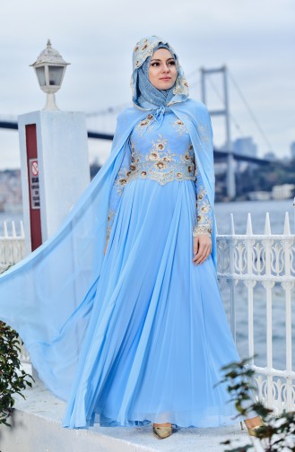Pelerinli Abiye Elbise 7647-01 Bebe Mavisi