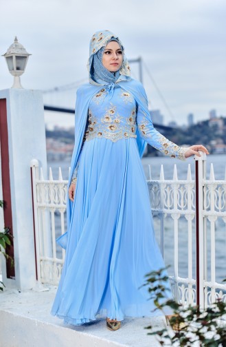 Pelerinli Abiye Elbise 7647-01 Bebe Mavisi