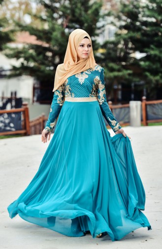 Green Hijab Evening Dress 7579-03