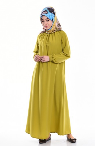 Kleid mit Gummiertem Ärmeln 0021-04 Öl Grün 0021-04