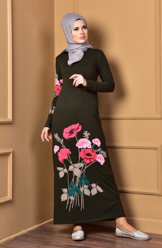 Bedrucktes Kleid mit Zwei Garne 2780-19 Dunkel Khaki Grün 2780-19