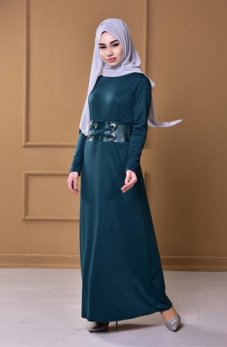فستان مُزين بتفاصيل من الجلد 0544-01 لون أخضر 0544-01