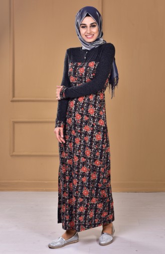 Çiçek Desenli Elbise 0192-01 Kiremit