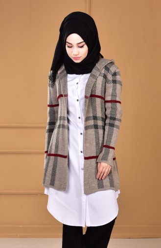 Kapüşonlu Ekose Hırka 2509-10 Vizon