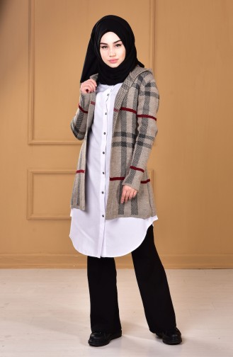 Kapüşonlu Ekose Hırka 2509-10 Vizon