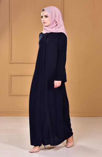 Abaya with Pleated Sleeve 48601-02 Navy Blue 48601-02