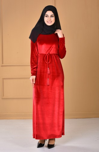 Kadife Elbise 60657-01 Kırmızı