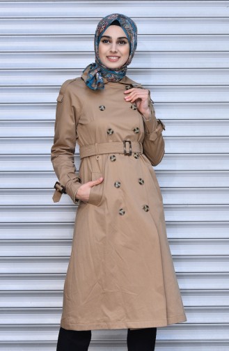 Trench Coat a Boutons et Ceinture 6770-04 Creme Foncé 6770-04