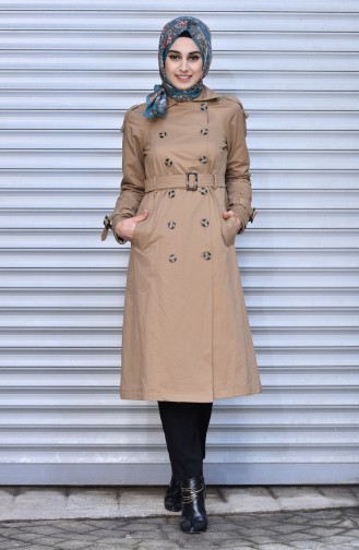 Trench Coat a Boutons et Ceinture 6770-04 Creme Foncé 6770-04