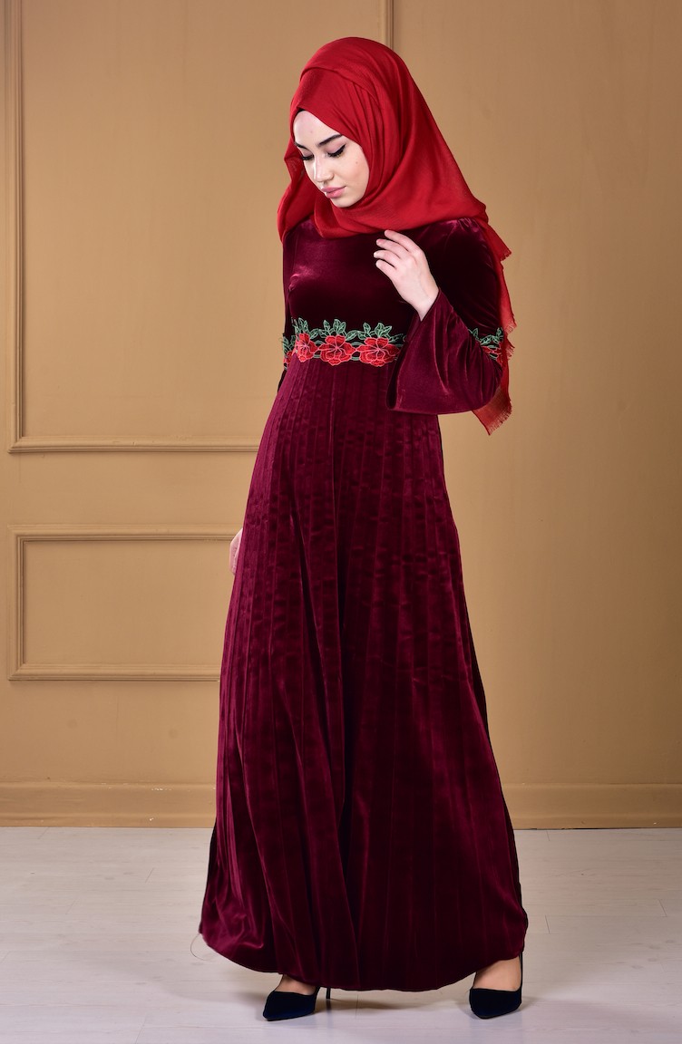 Robe Velours a Dentelle 7914-02 Bordeaux 7914-02