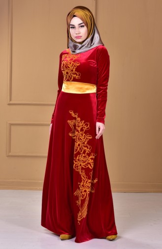 Samt Kleid mit Satin Gürtel 0009-03 Rot 0009-03