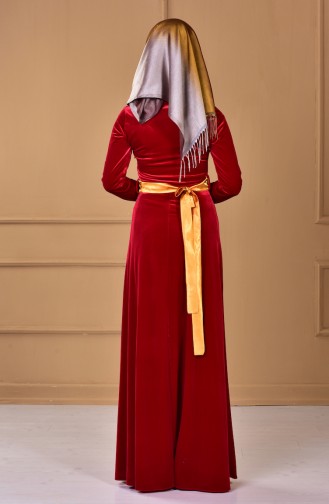 Samt Kleid mit Satin Gürtel 0009-03 Rot 0009-03