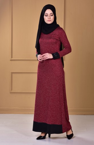 Deri Detaylı Elbise 2124-02 Kırmızı