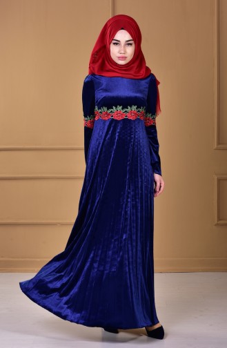 Robe Velours a Dentelle 7914-01 Bleu Marine 7914-01
